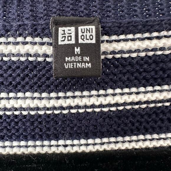 Uniqlo Navy and White Long Sleeved Nautical Stripe V Neck Sweater Medium - Picture 3 of 7